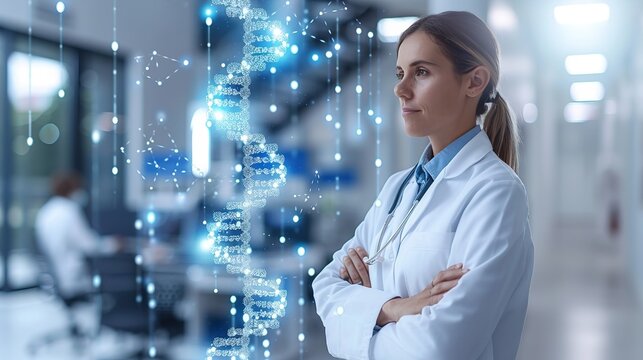 A female scientist stands in a laboratory with her arms crossed, looking intently at a large DNA strand visualization