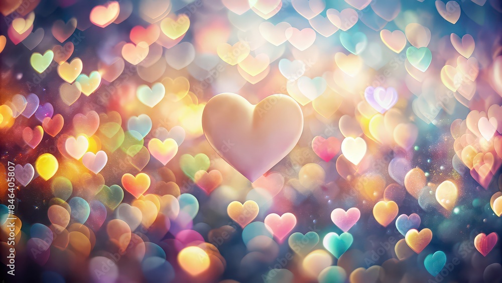 Poster Love heart defocused blurred light bokeh effect background with abstract pastel hearts , love, heart, abstract, background, pastel, bokeh, light, blurred, soft, romantic, sweet, valentine