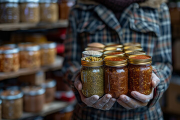A community member running a food drive. Concept of nutritional assistance. Generative Ai.