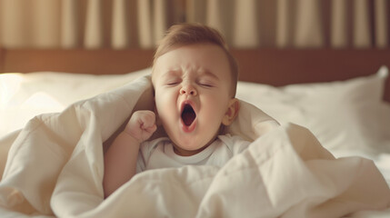 A sweet baby in bed, yawning and making gentle sounds that are soothing and protective.