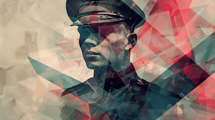 A soldier in uniform blending into an abstract geometric background, creating a vision of combining military power with modern art forms.