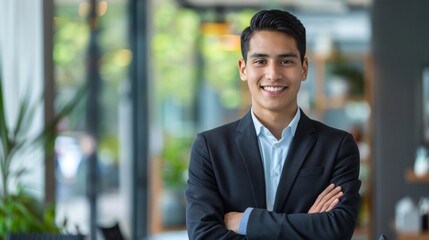 Portrait of smiling man in a business suit in an office environment. Professional headshot for corporate