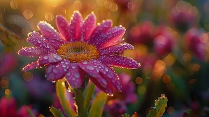  A tight shot of a pink blossom dotted with water droplets on its petals Background softly blurred, comprised of pink and purple blooms, green foliage - Powered by Adobe