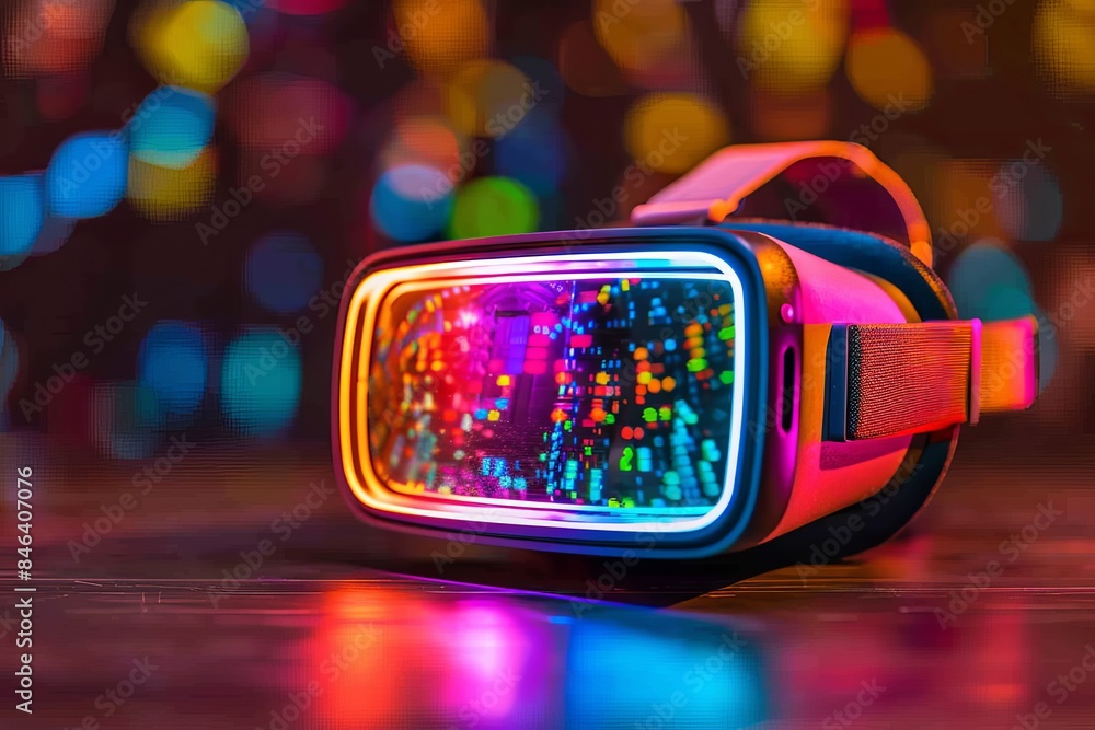 Poster futuristic vr headset with glowing elements in a colorful environment, showcasing advanced technolog