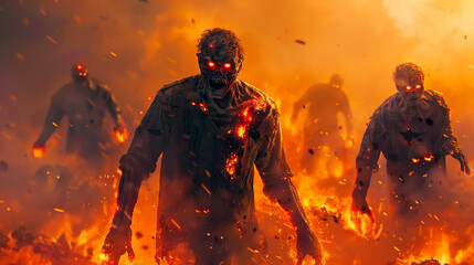 A massive horde of zombies, their red eyes glowing in the fiery depths, arouse fear and terror, heralding the arrival of a dark and inevitable destruction.