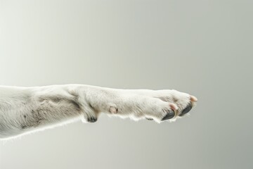 Fototapeta premium A dog's paw isolated on plain light-color background, close-up. AI generative