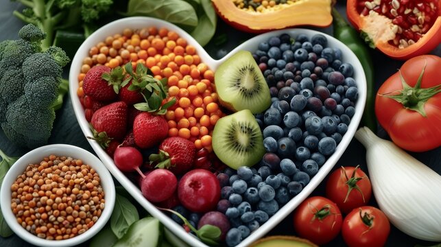 A heart shaped bowl filled with nutritious diet foods, including fresh fruits, vegetables, and whole grains, promoting heart health and cardiovascular wellness. Generative AI.