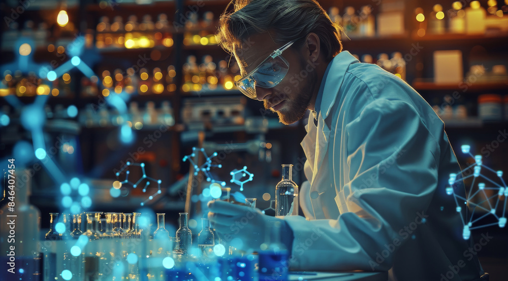 Poster A scientist in a white coat is working with blue liquid and test tubes on a table, with a science theme background, and a chemical structure diagram behind them. Generative AI.