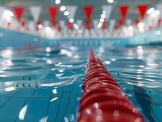 Close-up of a red lane divider in an indoor swimming pool, with red and white flags above.