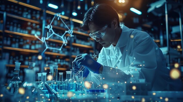 A scientist in a white coat is working with blue liquid and test tubes on a table, with a science theme background, and a chemical structure diagram behind them. Generative AI. - Powered by Adobe
