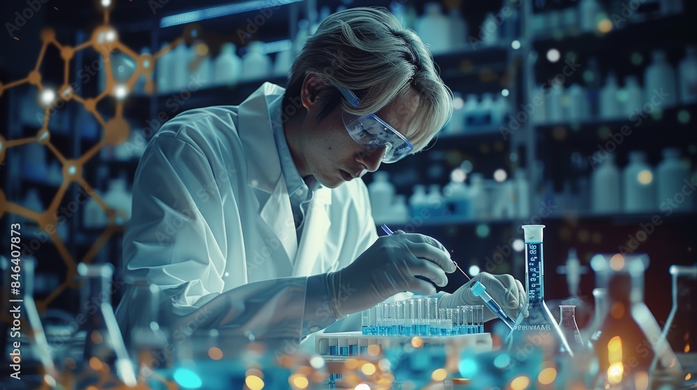 Aufkleber A scientist in a white coat is working with blue liquid and test tubes on a table, with a science theme background, and a chemical structure diagram behind them. Generative AI.