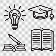 Simple and minimalistic education icons, black vector lustrations on transparent background