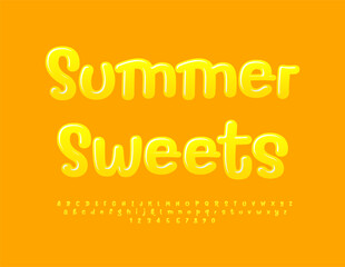 Vector modern label Summer Sweets. Funny Glossy Font. Playful Alphabet Letters and Numbers set.