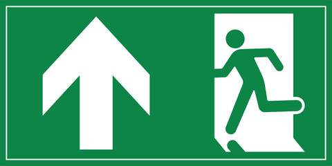 A Man Run to Exit Door Sign with Arrow show direction Up Left Symbolizing Emergency Evacuation