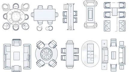 Set of plan for arranging seats and tables in interior, layout graphic outline elements. Chairs and tables icons in scheme architectural plan. Office and home furniture, top view. Vector line