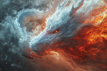 A dragon made of fire facing a sea serpent of water. Concept of fire vs. water. Generative Ai.
