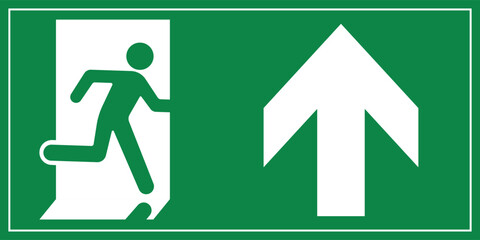 A Man Run to Exit Door Sign with Arrow show direction Up Right Symbolizing Emergency Evacuation