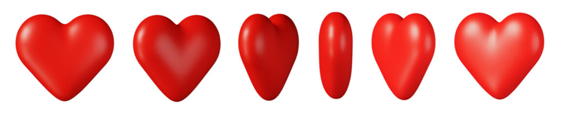 3d set of red heart with different angles. Romantic emoji, love symbol or icon, Valentines day, animation sprite sheet. Stock vector illustration on isolated background.