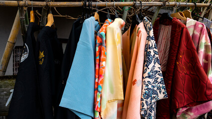 JAPAN, KYOTO – April 2024 : Japanese traditional clothes kimono yukata for sale to japanese...