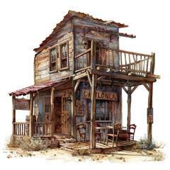 Watercolor illustration of an abandoned Western building