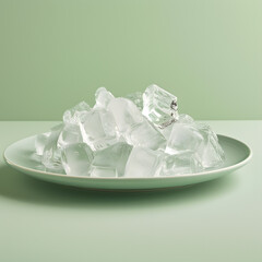 Plate of Crystal Clear Ice Cubes on a Pale Green Background..