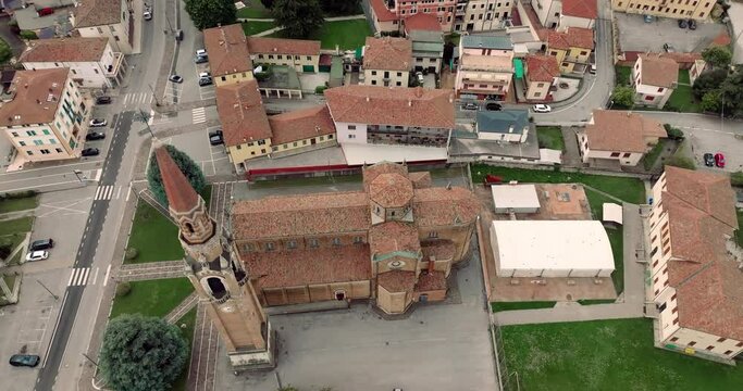 Aerial view cityscape Cornuda Italy. Beautiful historical city urban landscape. High quality 4k footage