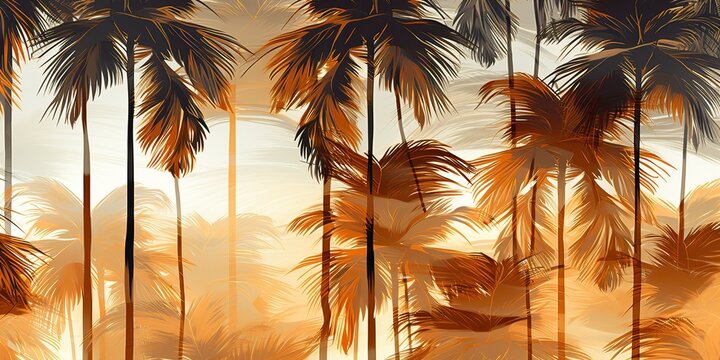 Vintage retro watercolor dra paint palm trees decoration background. Nature outdoor vacation tropical vibe scene