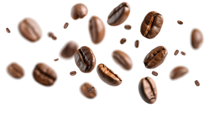 Coffee beans floating isolated on transparent background