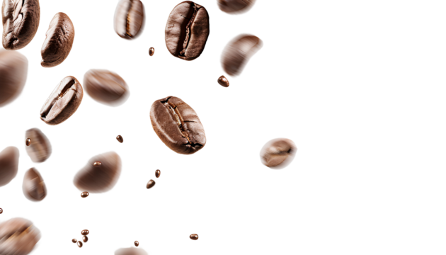 Coffee beans floating isolated on transparent background
