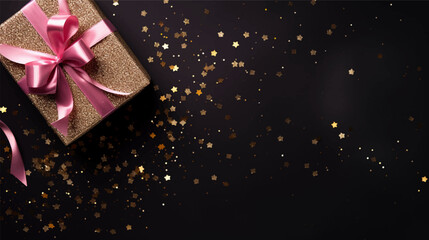 Black background. Xmas black red gift box and gold ribbon bow viewed from above for text Merry Christmas, Happy New Year and Black Friday season. Horizontal banner, website. Vector illustration