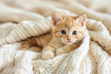 Obraz premium Fawn Cat on Wood Textile. Cozy pet concept