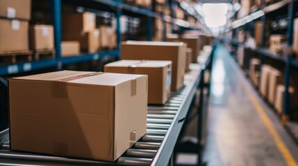 Obraz premium Stock photo of Packed courier on production line against cardboard boxes in warehouse --ar 16:9 Job ID: 04733bee-6160-4f8a-b184-f67acaf543ef