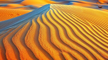 Naklejka premium A sand dune in the desert, topped by a bird in flight Sun illuminates dune summit and its base