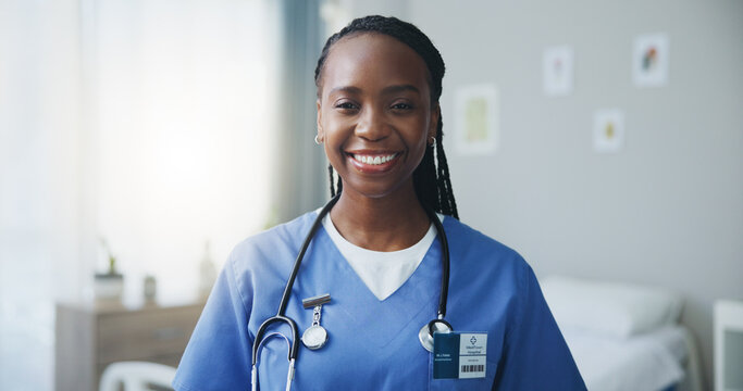 Healthcare, black woman or nurse in portrait with stethoscope, medical help and wellness. Hospital, female employee or caregiver for support, assistance and consultation with pride in clinic