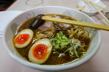 Ramen nooddles with egg and meat 