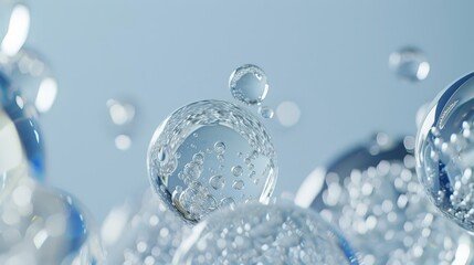  A collection of bubbles overlapping in a blue and white background Bubbles also appear in front, hovering above the same backdrop