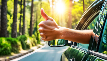 Close-up of a male hand giving thumbs up from car window with green trees and sunlight on background. Positive emotion, road trip, adventure and summer travel concept. Generative Ai.