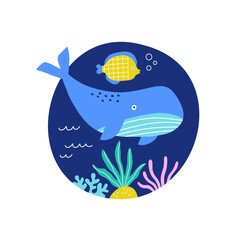 Print with ocean animals and seaweed. Cute whale, fish, plants on a blue background. 