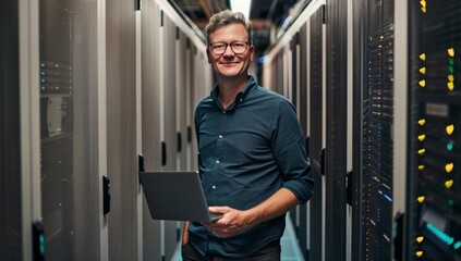 Editorial eye level waist-up shot of an IT man with a laptop in hand and wearing glasses standing inside a modern data center, smiling at the camera