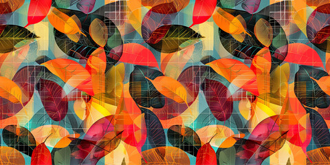 Abstract floral seamless pattern with leaves in vibrant autumn colors