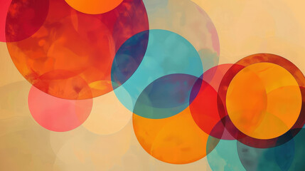 Obraz premium A vibrant abstract colorful circles in shades of red, orange, blue, and teal on a beige background, creating a dynamic and visually engaging composition. retro circle.