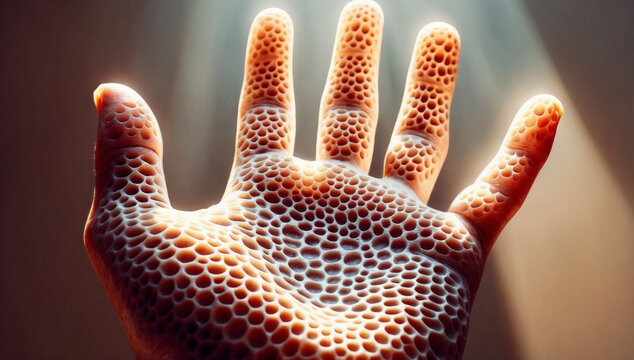 A hand with an unusual skin texture resembling a honeycomb, the skin has many small holes and may be associated with trypophobia