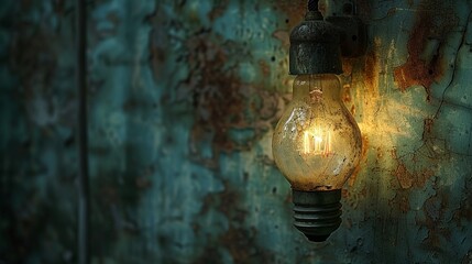 A single light bulb glowing brightly in a dimly lit room, casting intricate shadows on the wall