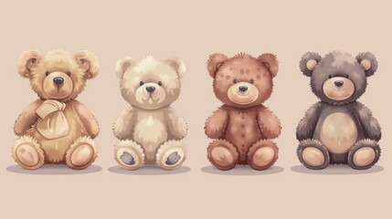 Four bears sitting on a table, each with a different color