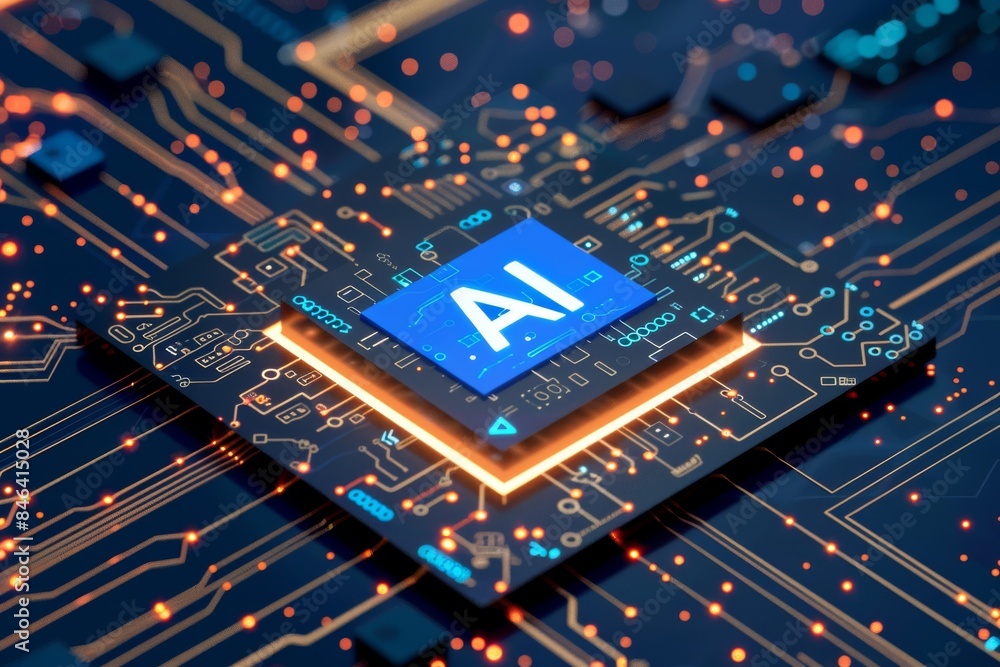 Poster ai chip with neon lights in a digital circuit, representing advanced artificial intelligence and mod