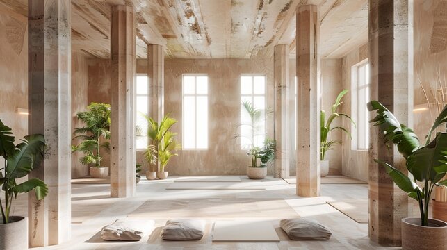 Yoga studio interior with ancient Greek columns, natural light flooding the room, plants integrated into the architecture, serene and peaceful ambiance