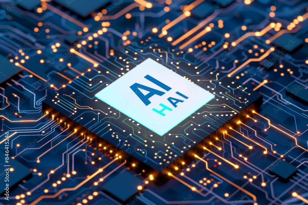 Poster ai chip on a circuit board, representing advanced artificial intelligence and modern technology