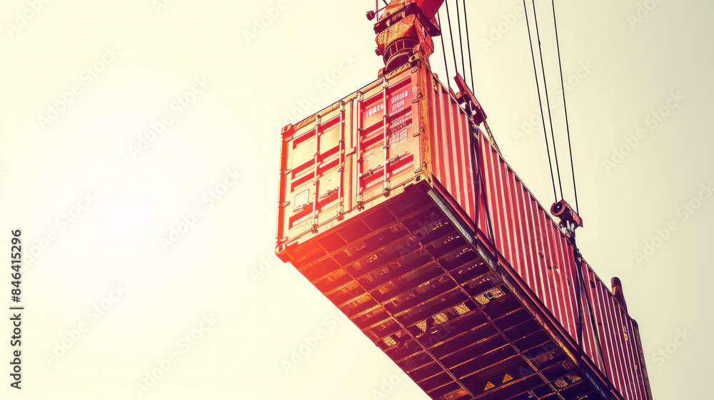 Poster a crane is lifting a red container. the crane is in the air and the container is suspended from it