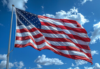 Large American flag waving in the wind against a blue sky with white clouds, symbolizing freedom and national pride, capturing intricate details of stars and stripes in high resolution