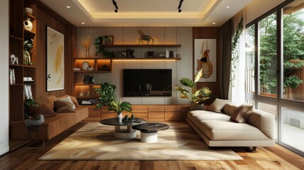 Warm living room featuring brown wooden raw elements, creatively designed edge floating shelves, perfect for modern interior decor